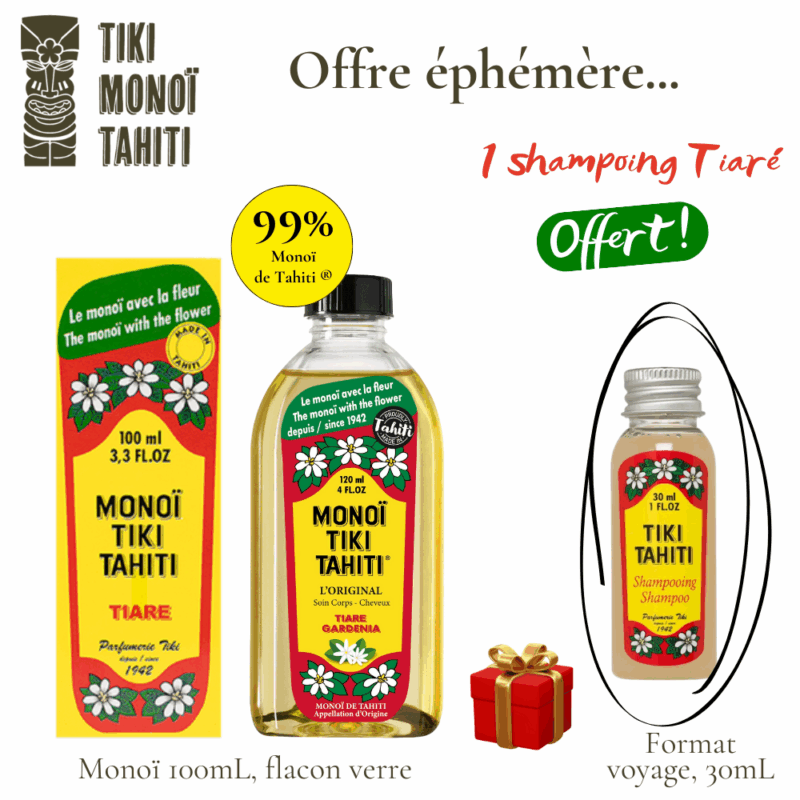 Monoï de Tahiti® TIKI parfum Tiaré, flacon verre 100mL + shampoing au Monoï Tiaré, format voyage 30mL OFFERT