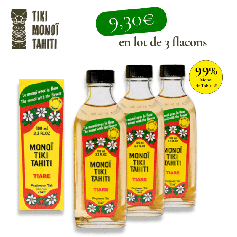 Lot de 3 Monoï De Tahiti® TIKI, Parfum Tiaré, flacon verre de 100mL à 9,30€
